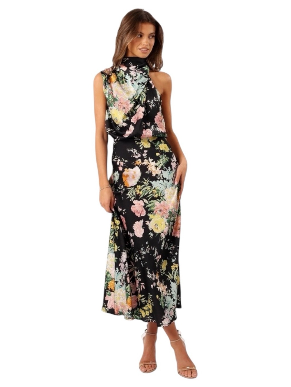 Petal & Pup Anabelle Floral Satin Midi Dress Women's Large Black